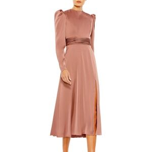 Ieena for Mac Duggal Mauve Satin Puff Sleeve Midi Dress 26936 Size 12 NEW
